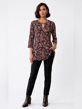 Paisley Keyhole Tunic Top - Burgundy & Black